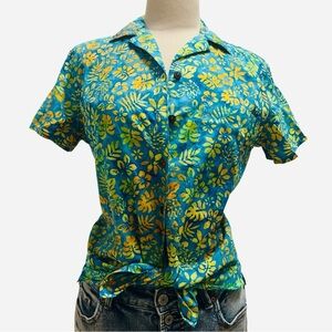PETE HUNTINGTON BALI handcrafted Hawaiian Blue and Yellow Floral 👚 shirt